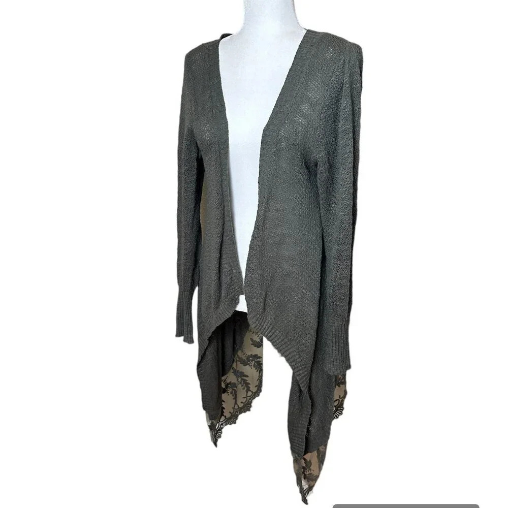 BLUE RAIN Boutique Lace Bottom Open Drape Cardigan Sweater Top - size large